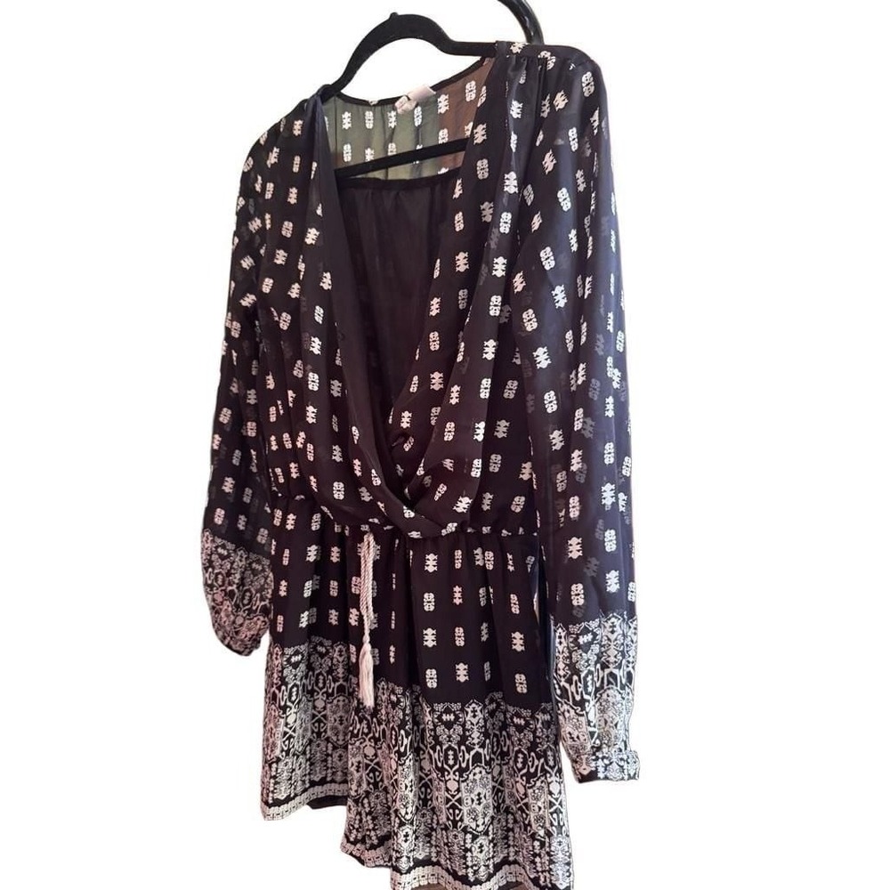 Japna Black & White Sheer Boho Romper Long Sleeve with Drawstring Waist